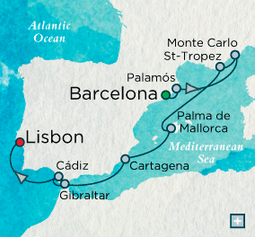 Cruises Around The World Coastal Connoisseur Map From the French Riviera to the Rock of Gibraltar, enjoy world-famous beaches, fantastic food and wine, and sun-filled days on idyllic Spanish isles.