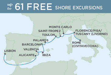 Cruises Around The World Regent Seven Seas Explorer Map August 13-25 2028 - 12 Days ROME (CIVITAVECCHIA) TO LISBON