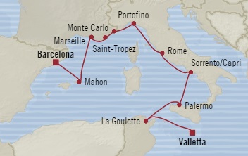 Cruises Around The World Oceania Sirena July 7-17 2028 Valletta, Malta to Barcelona, Spain