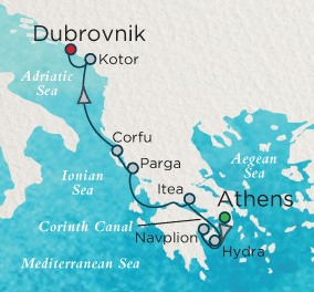 Cruises Around The World Crystal Endeavor Cruise Map Detail Athens (Piraeus), Greece to Dubrovnik, Croatia April 10-17 2028 - 7 Days