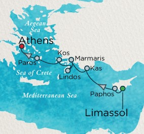 Cruises Around The World Crystal Endeavor Cruise Map Detail Limassol, Cyprus to Athens (Piraeus), Greece April 3-10 2028 - 7 Days
