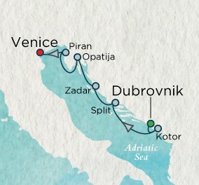 Cruises Around The World Crystal Endeavor Cruise Map Detail Dubrovnik, Croatia to Venice, Italy August 21-28 2028 - 7 Days