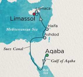 Cruises Around The World Crystal Endeavor Cruise Map Detail Petra (Aqaba), Jordan to Limassol, Cyprus March 26 April 3 2028 - 7 Days