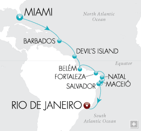 Cruises Around The World Song of South America Map Across a deep blue sea, the coastal treasures of Brazil beckon with white sand beaches, a thriving nightlife and the seductive sounds of the samba in Rio.
