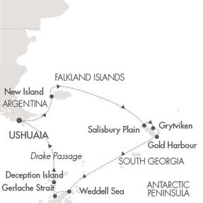 Cruises Around The World Ponant Yacht Le Boreal Cruise Map Detail Ushuaia, Argentina to Ushuaia, Argentina November 15-30 2028 - 15 Days