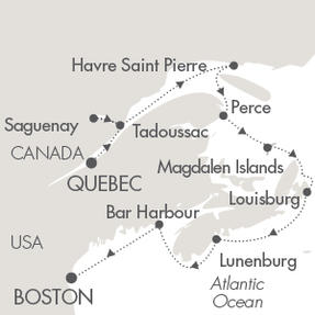 Cruises Around The World Ponant Yacht Le Boreal Cruise Map Detail Québec City, Canada to Boston, MA, United States September 21-30 2028 - 9 Days