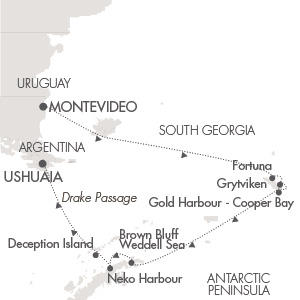 Cruises Around The World Ponant Yacht Le Lyrial Cruise Map Detail Montevideo, Uruguay to Ushuaia, Argentina November 19 December 4 2028 - 15 Days