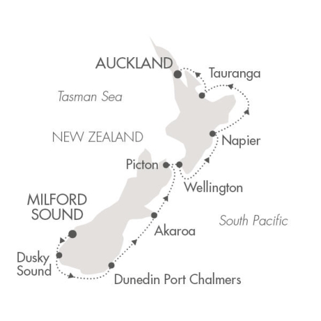 Cruises Around The World Ponant Yacht Le Soleal Cruise Map Detail Milford Sound, New Zealand to Auckland, New Zealand January 13-22 2028 - 9 Days