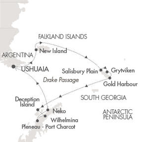 Cruises Around The World Ponant Yacht Le Soleal Cruise Map Detail Ushuaia, Argentina to Ushuaia, Argentina December 19 2028 January 4 2026 - 16 Days