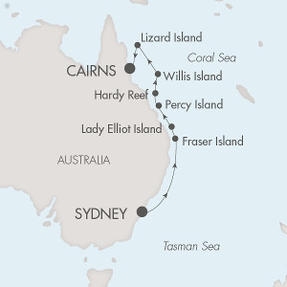 Cruises Around The World Ponant Yacht Le Soleal Cruise Map Detail Sydney, Australia to Cairns, Australia February 13-22 2028 - 9 Days