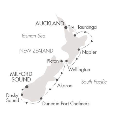 Cruises Around The World Ponant Yacht Le Soleal Cruise Map Detail Auckland, New Zealand to Milford Sound, New Zealand January 22-31 2028 - 9 Days