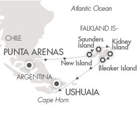 Cruises Around The World Ponant Yacht Le Soleal Cruise Map Detail Punta Arenas, Chile to Ushuaia, Argentina October 19-29 2028 - 12 Days