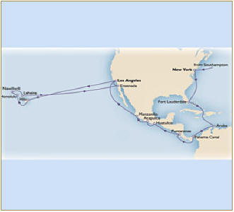 Cruises Around The World Map Cunard Queen Victoria QV 2027 southampton to los angeles