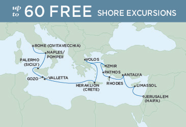 Cruises Around The World Regent Seven Seas Explorer Map November 2-16 2028 - 14 Days JERUSALEM (HAIFA) TO ROME (CIVITAVECCHIA)