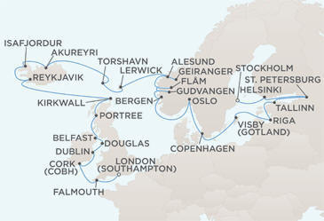 Cruises Around The World MAP - Regent Seven Seas Voyager World Cruises 2028