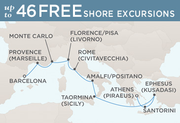 Cruises Around The World Regent Seven Seas Mariner 2026 World Cruise Map ATHENS (PIRAEUS) TO BARCELONA