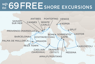 Cruises Around The World Regent Seven Seas Mariner 2026 World Cruise Map VENICE TO BARCELONA