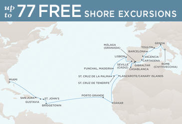 Cruises Around The World Regent Seven Seas Mariner 2026 World Cruise Map ROME (CIVITAVECCHIA) TO MIAMI