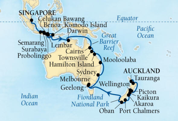 Cruises Around The World Seabourn Encore Cruise Map Detail Auckland, New Zealand to Singapore February 18 April 1 2026 - 42 Days - Voyage 7716B