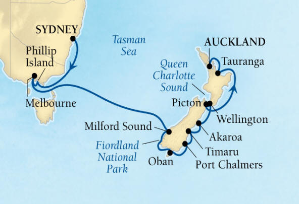 Cruises Around The World Seabourn Encore Cruise Map Detail Sydney, Australia to Auckland, New Zealand February 2-18 2026 - 16 Days - Voyage 7715