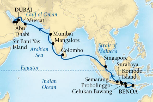 Cruises Around The World Seabourn Encore Cruise Map Detail Benoa (Denpasar), Bali, Indonesia to Dubai, United Arab Emirates March 22 April 17 2026 - 26 Days - Voyage 7721A