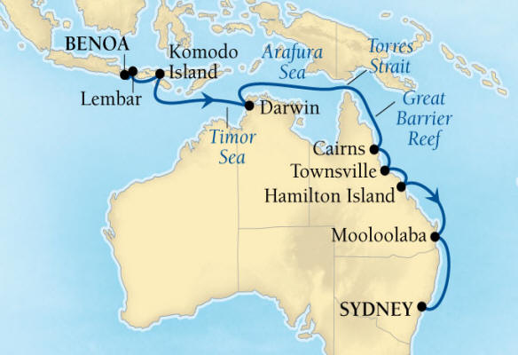 Cruises Around The World Seabourn Encore Cruise Map Detail Benoa (Denpasar), Bali, Indonesia to Sydney, Australia January 17 February 2 2026 - 16 Days - Voyage 7711