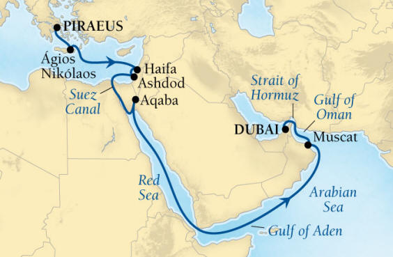 Cruises Around The World Seabourn Encore Cruise Map Detail Piraeus (Athens), Greece to Dubai, United Arab Emirates December 4-20 2028 - 16 Days - Voyage 7679