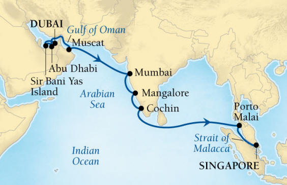 Cruises Around The World Seabourn Encore Cruise Map Detail Dubai, United Arab Emirates to Singapore December 20 2028 January 7 2026 - 18 Days - Voyage 7680
