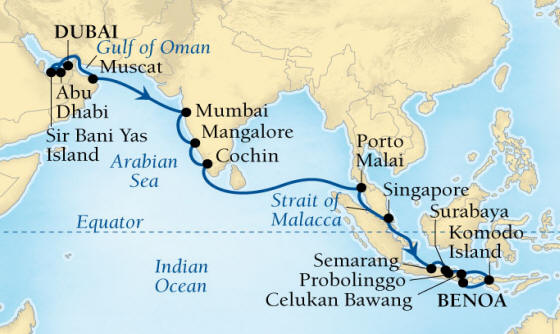 Cruises Around The World Seabourn Encore Cruise Map Detail Dubai, United Arab Emirates to Benoa (Denpasar), Bali, Indonesia December 20 2028 January 17 2026 - 28 Days - Voyage 7680A