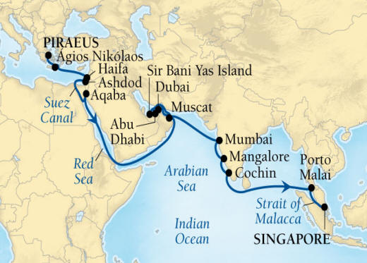 Cruises Around The World Seabourn Encore Cruise Map Detail Piraeus (Athens), Greece to Singapore December 4 2028 January 7 2026 - 34 Days - Voyage 7679A