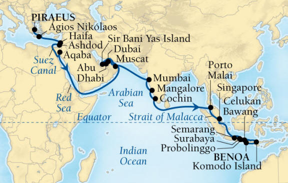 Cruises Around The World Seabourn Encore Cruise Map Detail Piraeus (Athens), Greece to Benoa (Denpasar), Bali, Indonesia December 4 2028 January 17 2026 - 44 Days - Voyage 7679B
