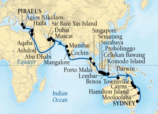 Cruises Around The World Seabourn Encore Cruise Map Detail Piraeus (Athens), Greece to Sydney, Australia December 4 2028 February 2 2026 - 60 Days - Voyage 7679C