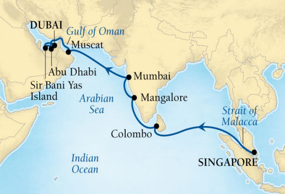 Cruises Around The World Seabourn Encore Cruise Map Detail Singapore to Dubai, United Arab Emirates April 1-17 2026 - 16 Days - Voyage 7725