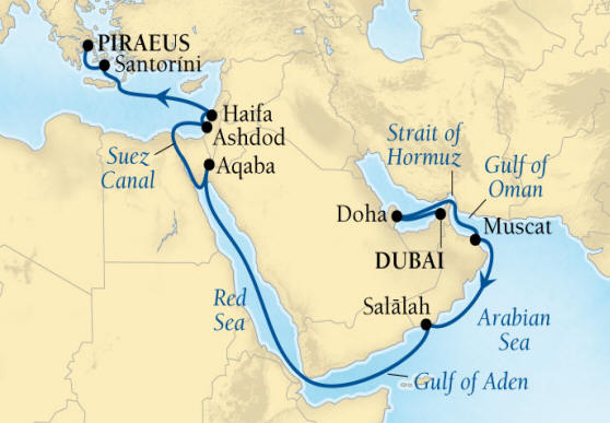 Cruises Around The World Seabourn Encore Cruise Map Detail Dubai, United Arab Emirates to Piraeus (Athens), Greece April 17 May 5 2026 - 18 Days - Voyage 7726