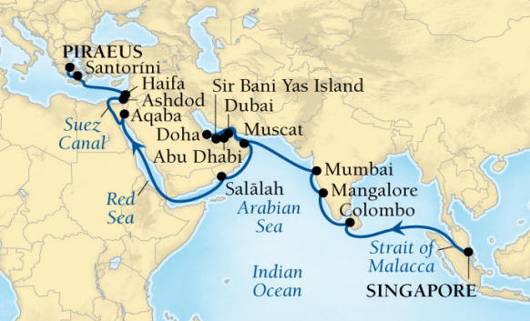 Cruises Around The World Seabourn Encore Cruise Map Detail Singapore to Piraeus (Athens), Greece April 1 May 5 2026 - 34 Days - Voyage 7725A