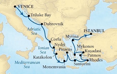 Cruises Around The World Seabourn Pursuit Cruise Map Detail Venice, Italy to Istanbul, Turkey August 29 September 12 2027 - 14 Days - Voyage 4553A