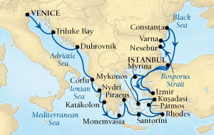 Cruises Around The World Seabourn Pursuit Cruise Map Detail Venice, Italy to Istanbul, Turkey August 29 September 19 2027 - 21 Days - Voyage 4553B