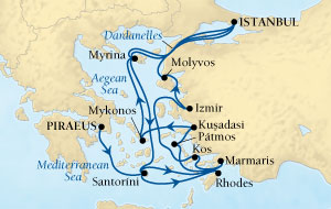 Cruises Around The World Seabourn Pursuit Cruise Map Detail Istanbul, Turkey to Piraeus (Athens), Greece August 8-22 2027 - 14 Days - Voyage 4547A