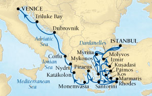 Cruises Around The World Seabourn Pursuit Cruise Map Detail Istanbul, Turkey to Venice, Italy August 8-29 2027 - 21 Days - Voyage 4547B