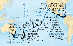 Cruises Around The World Seabourn Pursuit Cruise Map Detail Fort Lauderdale, Florida, US to Sydney, Australia December 15 2027 February 13 2028 - 59 Days - Voyage 4574B