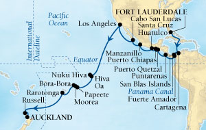 Cruises Around The World Seabourn Pursuit Cruise Map Detail Fort Lauderdale, Florida, US to Auckland, New Zealand December 15 2027 January 27 2028 - 42 Days - Voyage 4574A