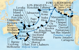 Cruises Around The World Seabourn Pursuit Cruise Map Detail Fort Lauderdale, Florida, US to Los Angeles, California, US December 15 2027 March 21 2028 - 97 Days - Voyage 4574C