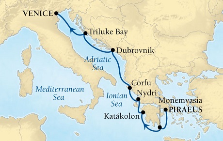 Cruises Around The World Seabourn Pursuit Cruise Map Detail Piraeus (Athens), Greece to Venice, Italy July 18-25 2027 - 7 Days - Voyage 4541