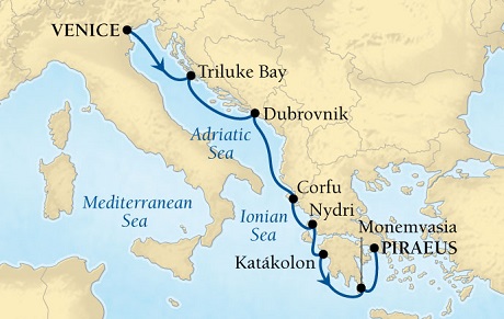 Cruises Around The World Seabourn Pursuit Cruise Map Detail Venice, Italy to Piraeus (Athens), Greece July 25 July 1 2027 - 7 Days - Voyage 4542