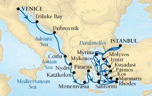Cruises Around The World Seabourn Pursuit Cruise Map Detail Venice, Italy to Istanbul, Turkey July 25 August 15 2027 - 21 Days - Voyage 4542B
