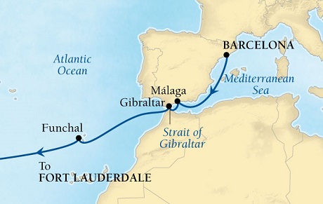 Cruises Around The World Seabourn Pursuit Cruise Map Detail Barcelona, Spain to Fort Lauderdale, Florida, US October 13-28 2027 - 15 Days - Voyage 4563