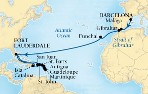 Cruises Around The World Seabourn Pursuit Cruise Map Detail Barcelona, Spain to Fort Lauderdale, Florida, US October 13 November 9 2027 - 27 Days - Voyage 4563A