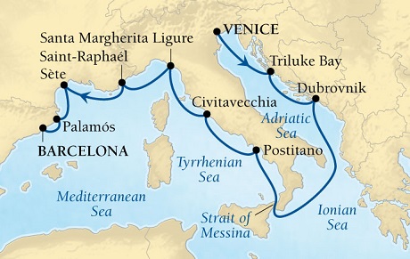 Cruises Around The World Seabourn Pursuit Cruise Map Detail Venice, Italy to Barcelona, Spain October 3-13 2027 - 10 Days - Voyage 4562