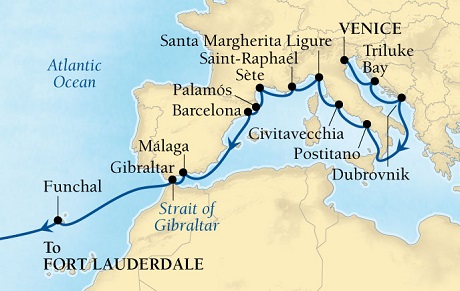 Cruises Around The World Seabourn Pursuit Cruise Map Detail Venice, Italy to Fort Lauderdale, Florida, US October 3-28 2027 - 25 Days - Voyage 4562A