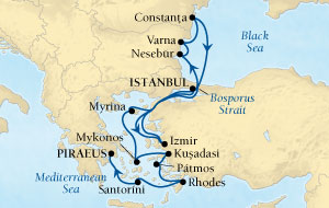 Cruises Around The World Seabourn Pursuit Cruise Map Detail Istanbul, Turkey to Istanbul, Turkey September 12-19 2027 - 7 Days - Voyage 4555